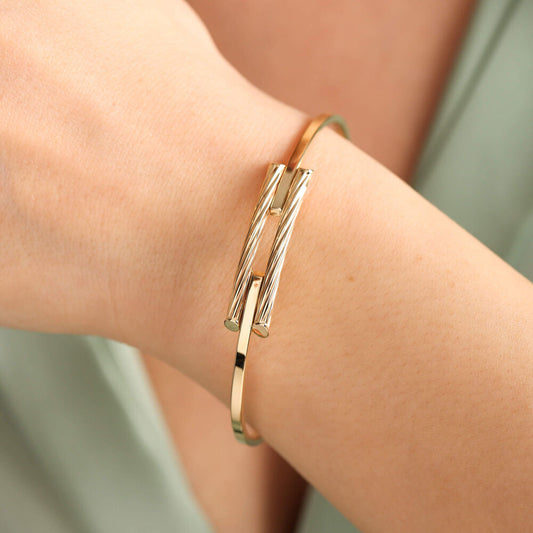 Solid Gold Rib Bracelet Two Rows Twisted Form