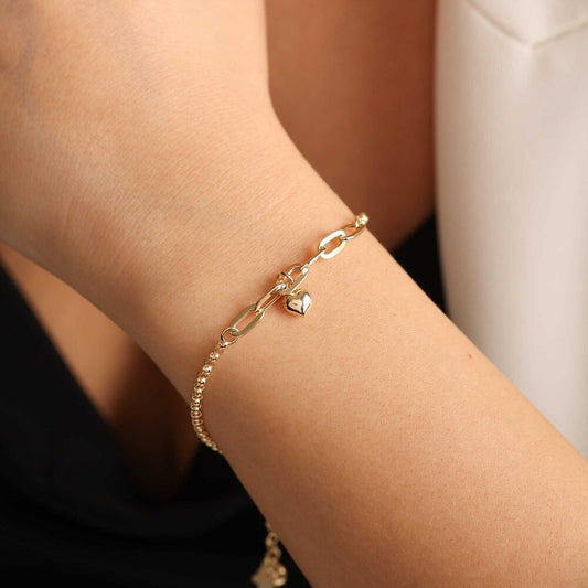 Solid Gold Heart Bracelet Doc Chain & Paperclip Chain