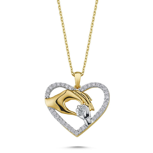14K Solid Gold Heart with Mother & Baby Hand Inside Necklace