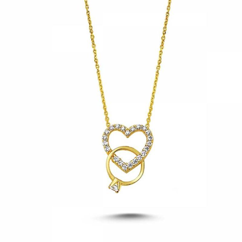 Solid Gold Heart And Solitaire Necklace 14K