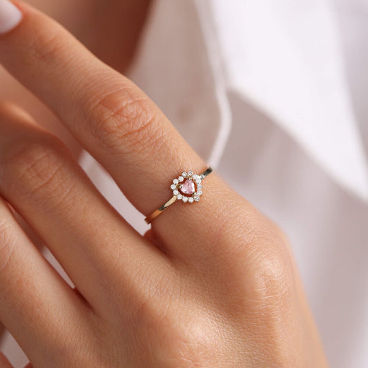Solid Gold Heart Ring Pink Topaz
