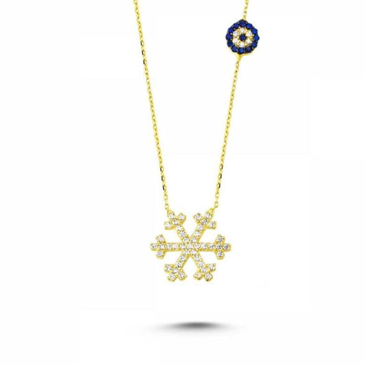 Solid Gold Snowflake Necklace Evil Eye