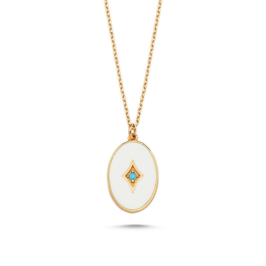 Solid Gold Necklace Rose White Enamel Diamond Design Turquoise Gemstone