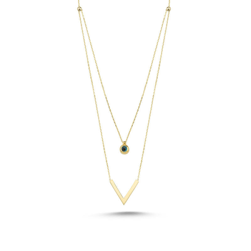 Solid Gold Necklace Evil Eye AndTriangle Double Chain