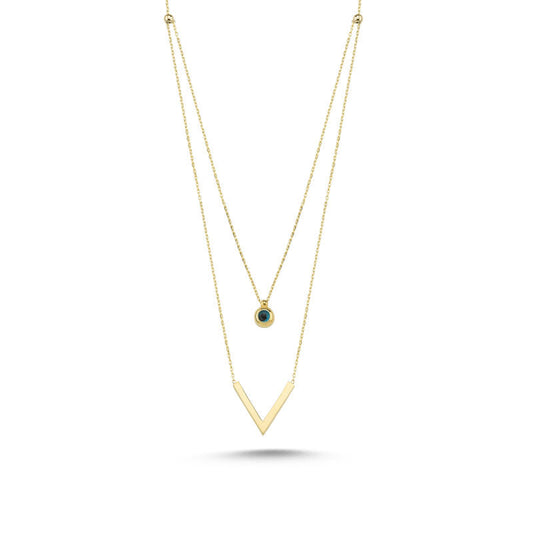 Solid Gold Necklace Evil Eye AndTriangle Double Chain