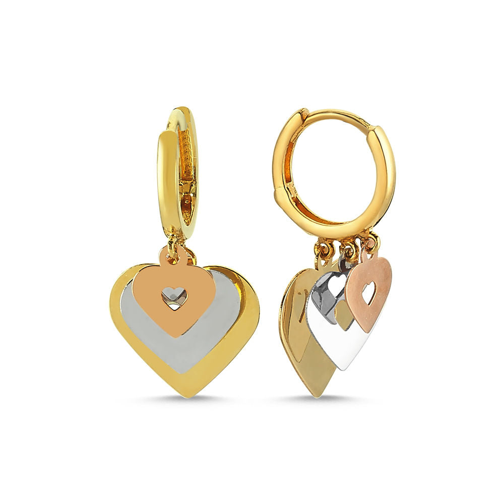 14K Solid Gold Earrings Three Heart Triacolor