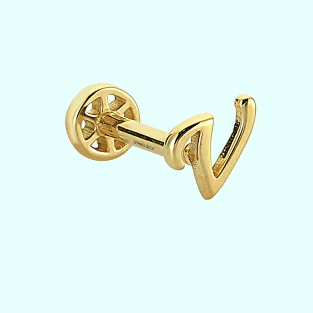 Solid Gold Piercing -V- Initial 14K Tragus