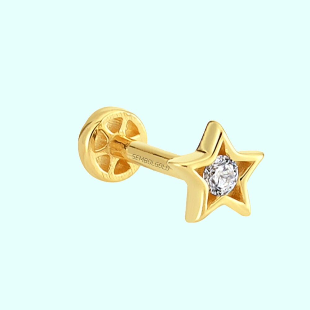 Solid Gold With Gemstone Star Tragus Piercing 14K