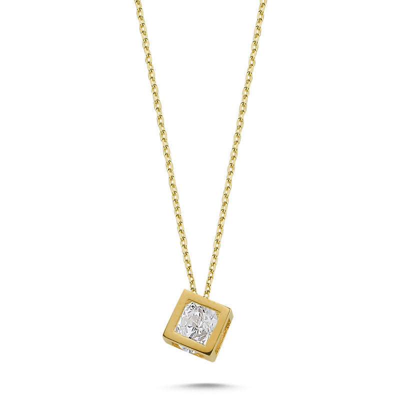 Yellow Solid Gold Solitaire Necklace Cube Design
