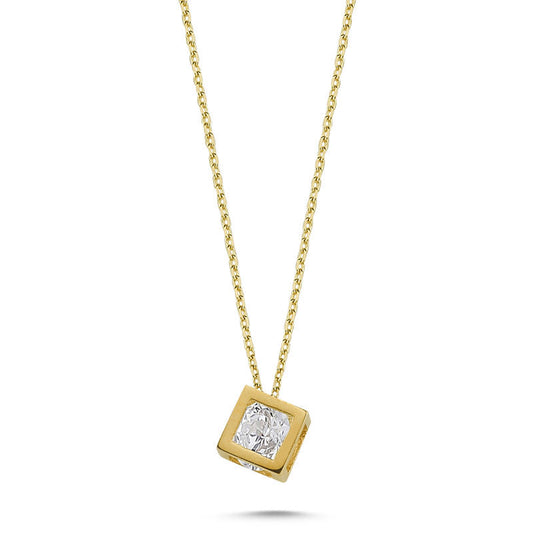 Yellow Solid Gold Solitaire Necklace Cube Design
