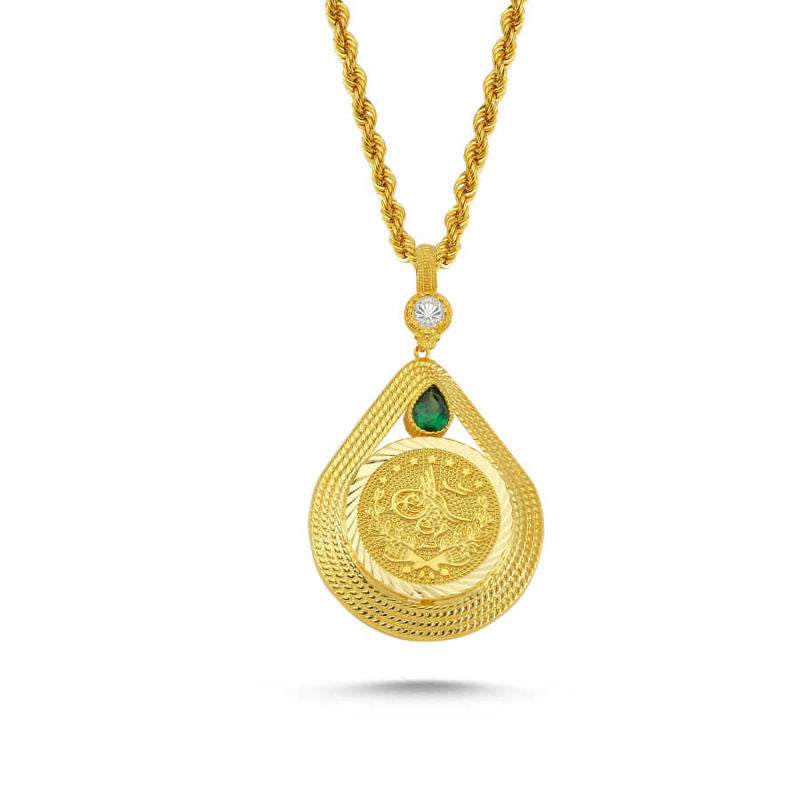 Solid Gold Tugra Necklace Green Drop With Gemstone