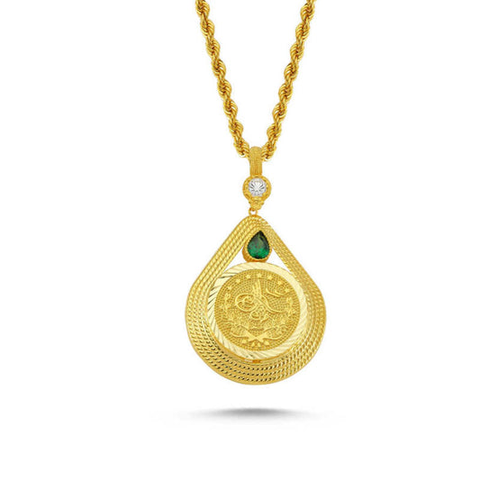 Solid Gold Tugra Necklace Green Drop With Gemstone