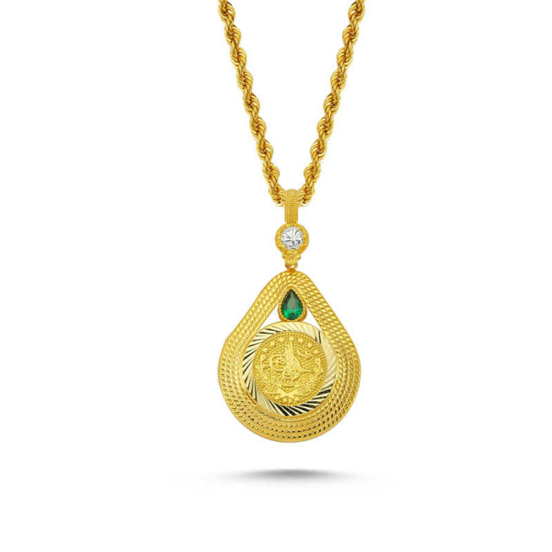 Solid Gold Tugra Necklace Green With Gemstone Drop