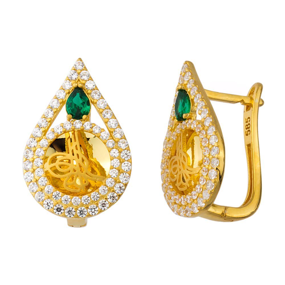 Solid Gold Tugra Earrings Drop Emerald