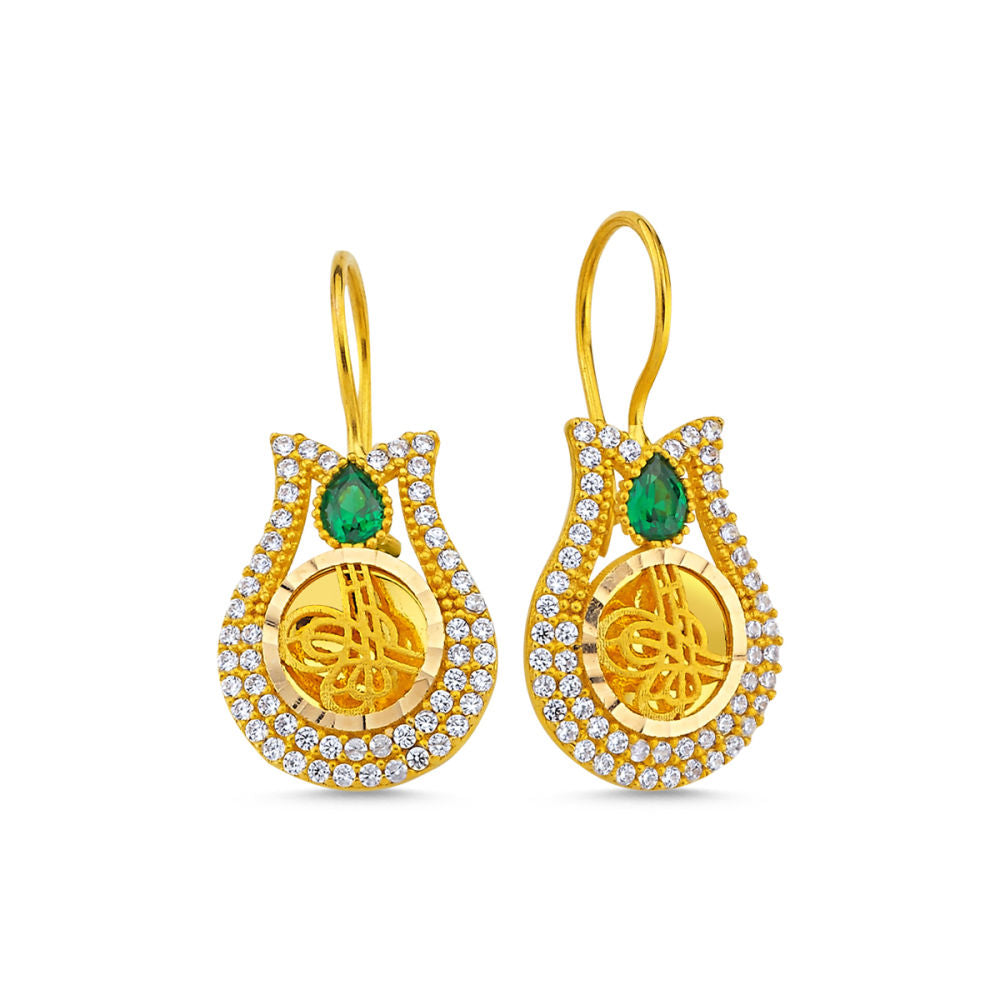 Solid Gold Tugra Earrings TulRope Design Emerald