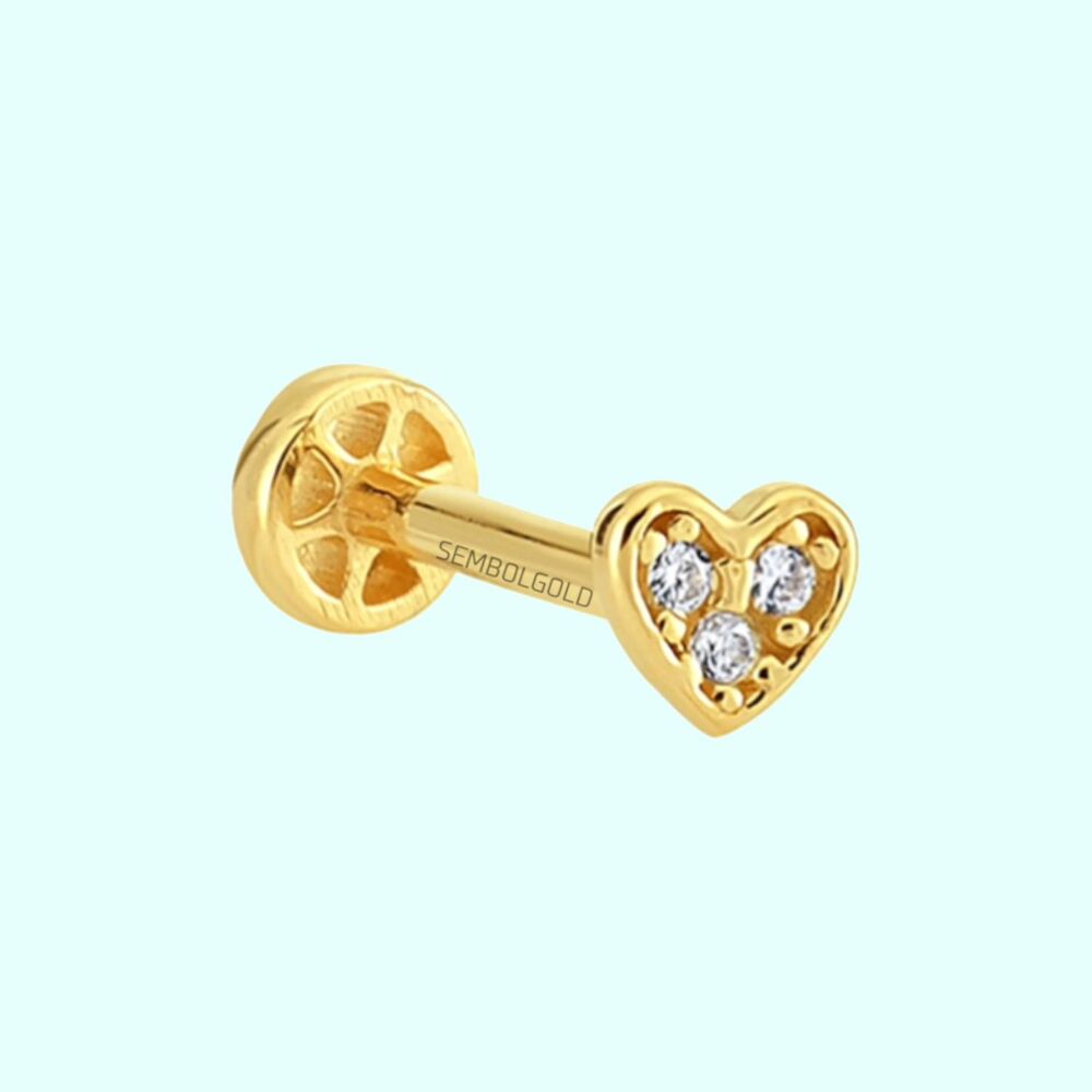 Solid Gold Three Stones Heart Tragus Piercing 14K