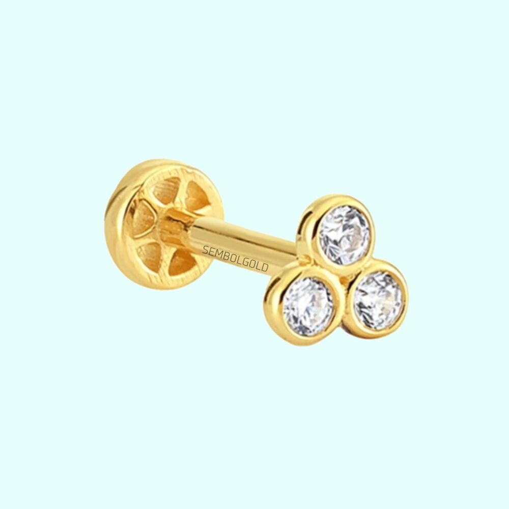 Solid Gold Three Stones Tragus Piercing 14K