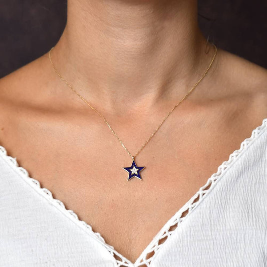 Solid Gold Star Necklace Blue Enamel