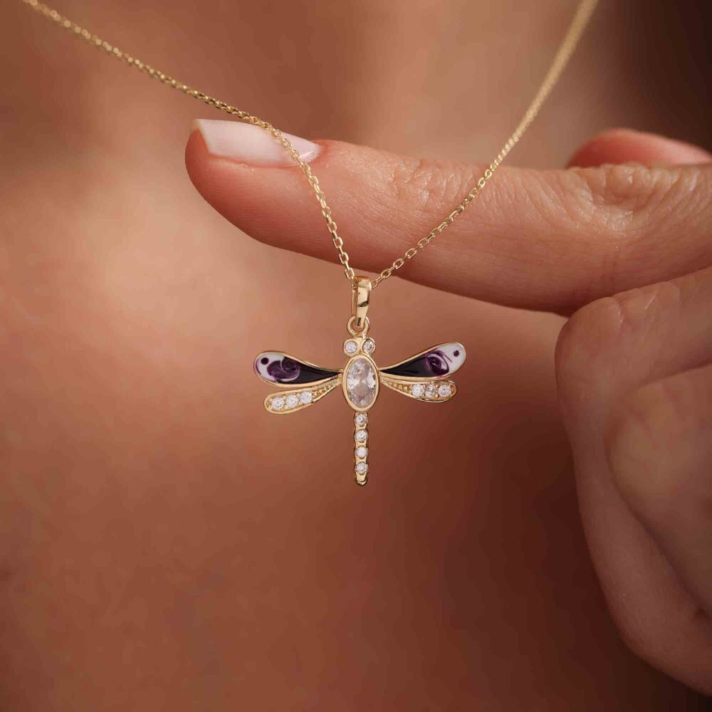 Solid Gold Dragonfly Necklace Enamel