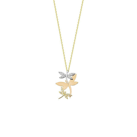 Solid Gold Dragonfly Necklace Triacolor 14K 2,0 cm