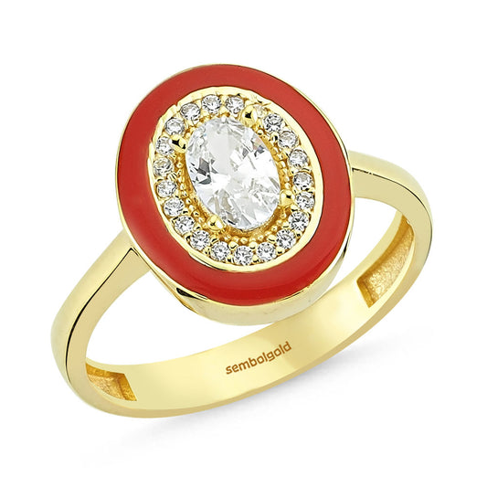 Solid Gold Ring Red Enamel Oval With Gemstone Special Design