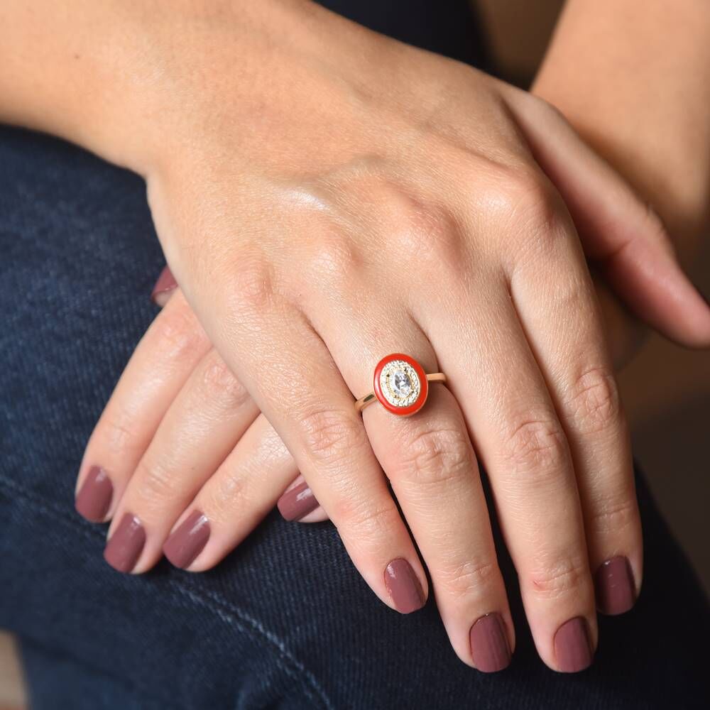 Solid Gold Ring Red Enamel Oval With Gemstone Special Design