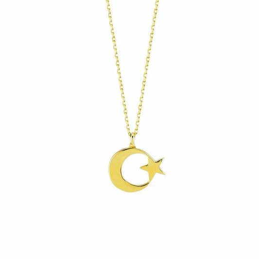 14K Solid Gold Moon Star Necklace