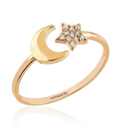Moon Star Rose Solid Gold Ring 14K Solid Gold With Gemstone