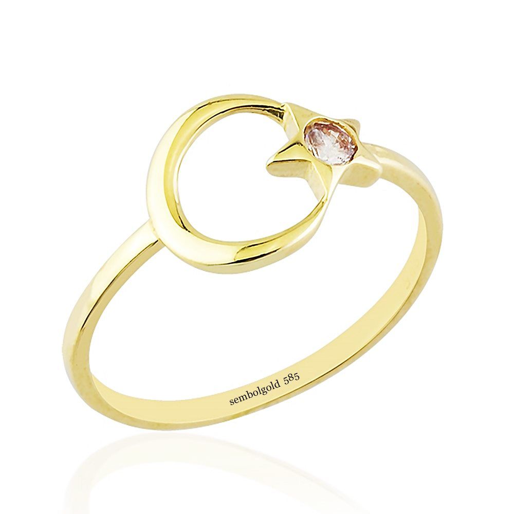 Moon Star Solitaire Solid Gold Ring 14K Solid Gold