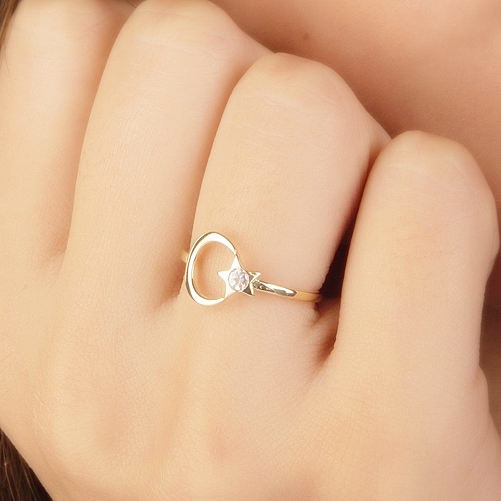 Moon Star Solitaire Solid Gold Ring 14K Solid Gold