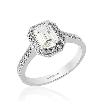 Baguette With Gemstone White Solid Gold Solitaire Ring 14K Solid Gold