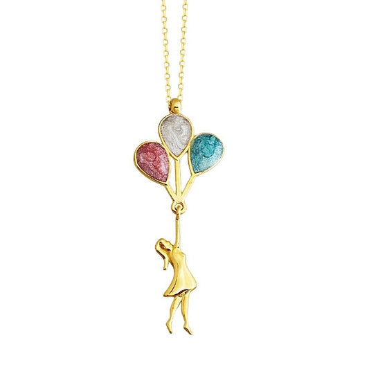 14K Solid Gold Balloon Girl Necklace With Pearl