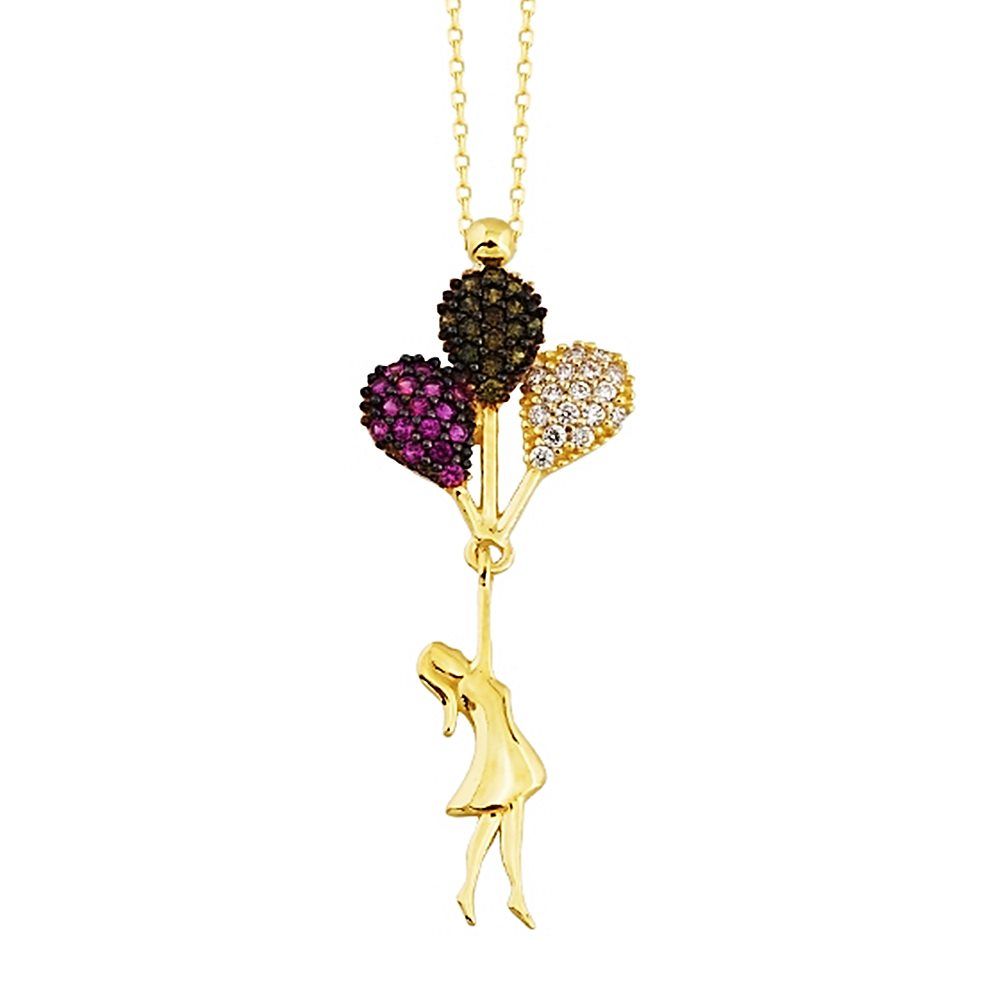 14K Solid Gold Balloon Girl Necklace Zirconia