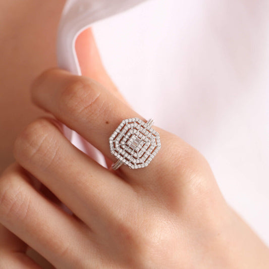 White Solid Gold Baguette Ring Three Rows