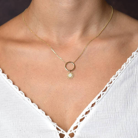 Choker Solid Gold Sun Necklace Double Chain