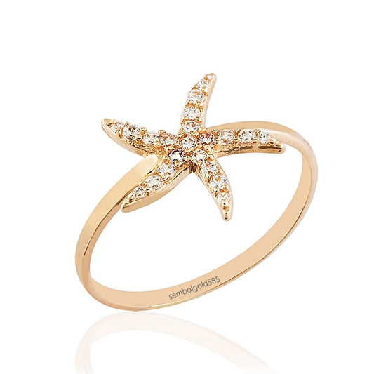 Starfish Rose Solid Gold Ring 14K Solid Gold With Gemstone