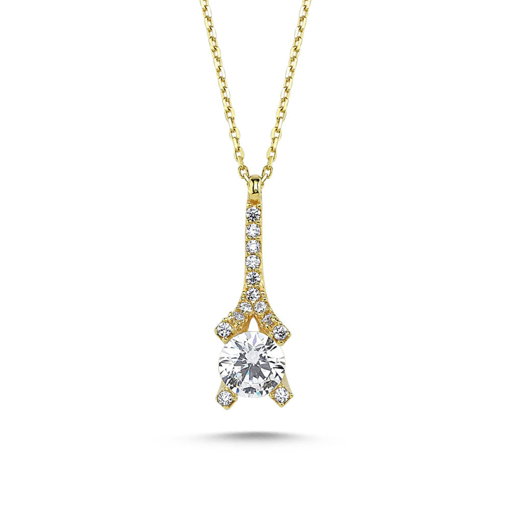 Eiffel Tower Waterway Solid Gold Solitaire Necklace