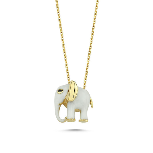 Elephant Solid Gold Necklace White Enamel Design