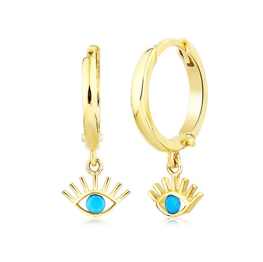 Evil Eye (Eyelash) Solid Gold Earrings 14K Turquoise Gemstone