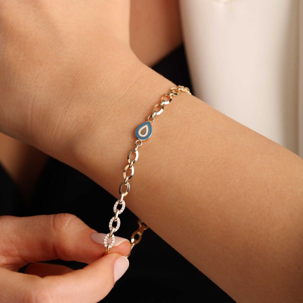 Evil Eye Enamel Solid Gold Charm Bracelet Drop