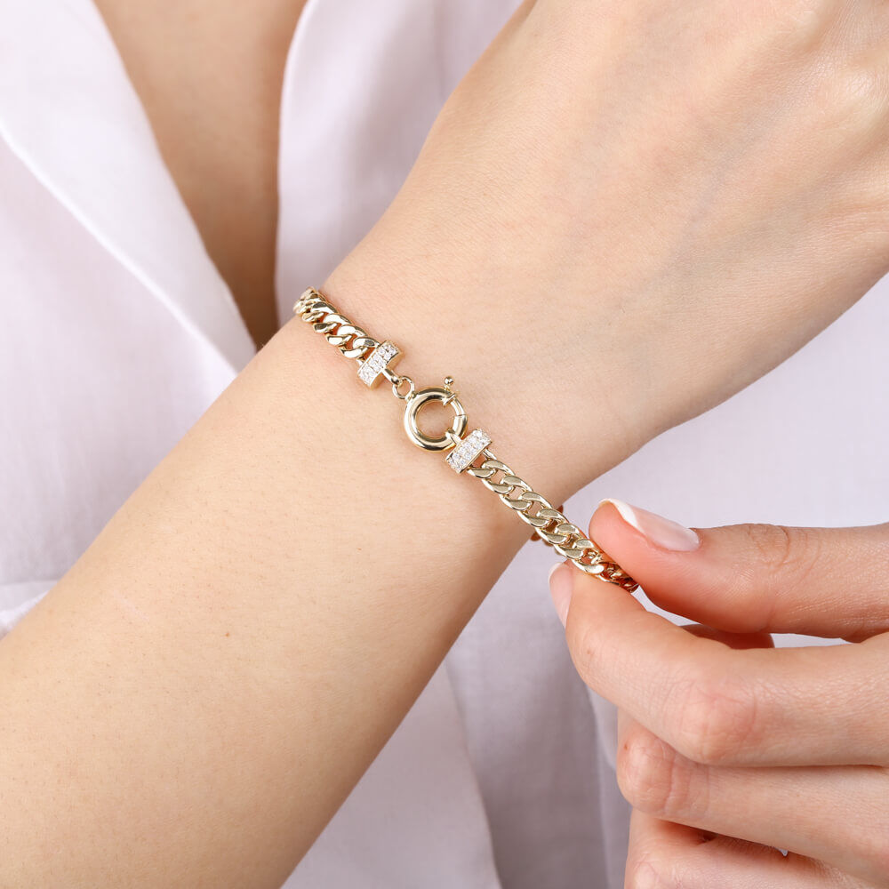 Initial Solid Gold Bracelet 14K Gourmet Chain 5 mm