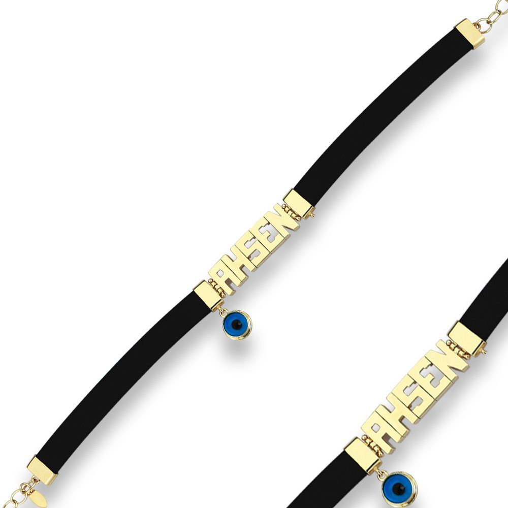 Personalized Name Solid Gold Bracelet Rubber Evil Eye