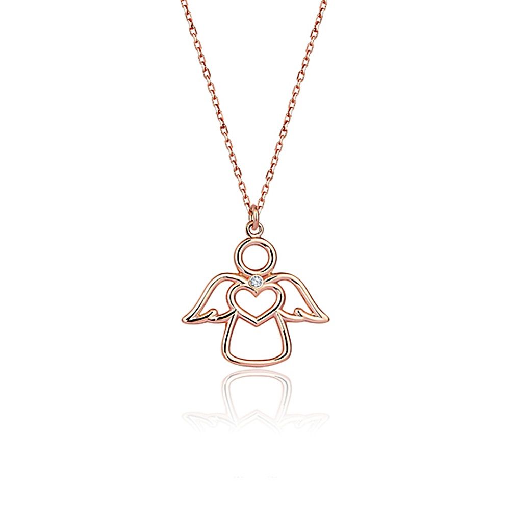 14K Solid Gold Heart Angel Diamond Necklace