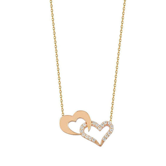 14K Rose Solid Gold Heart You And I Necklace