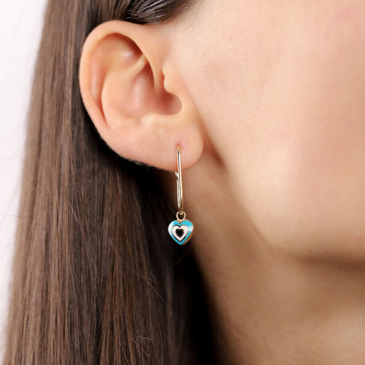Heart Evil Eye Pendulum Solid Gold Earrings 14K Special Design