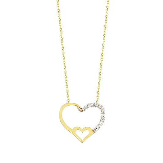 14K Solid Gold You And I Heart Necklace With Gemstone