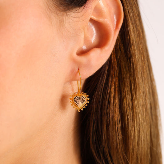 Heart Dangle Solid Gold Earrings 14K Mother Earrings