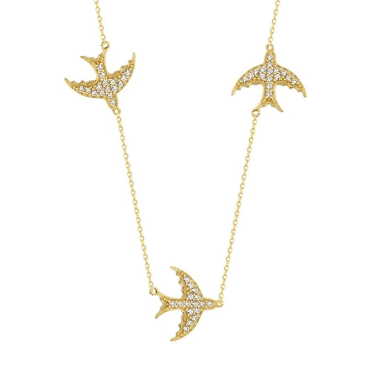 14K Solid Gold Swallow Necklace With Gemstone