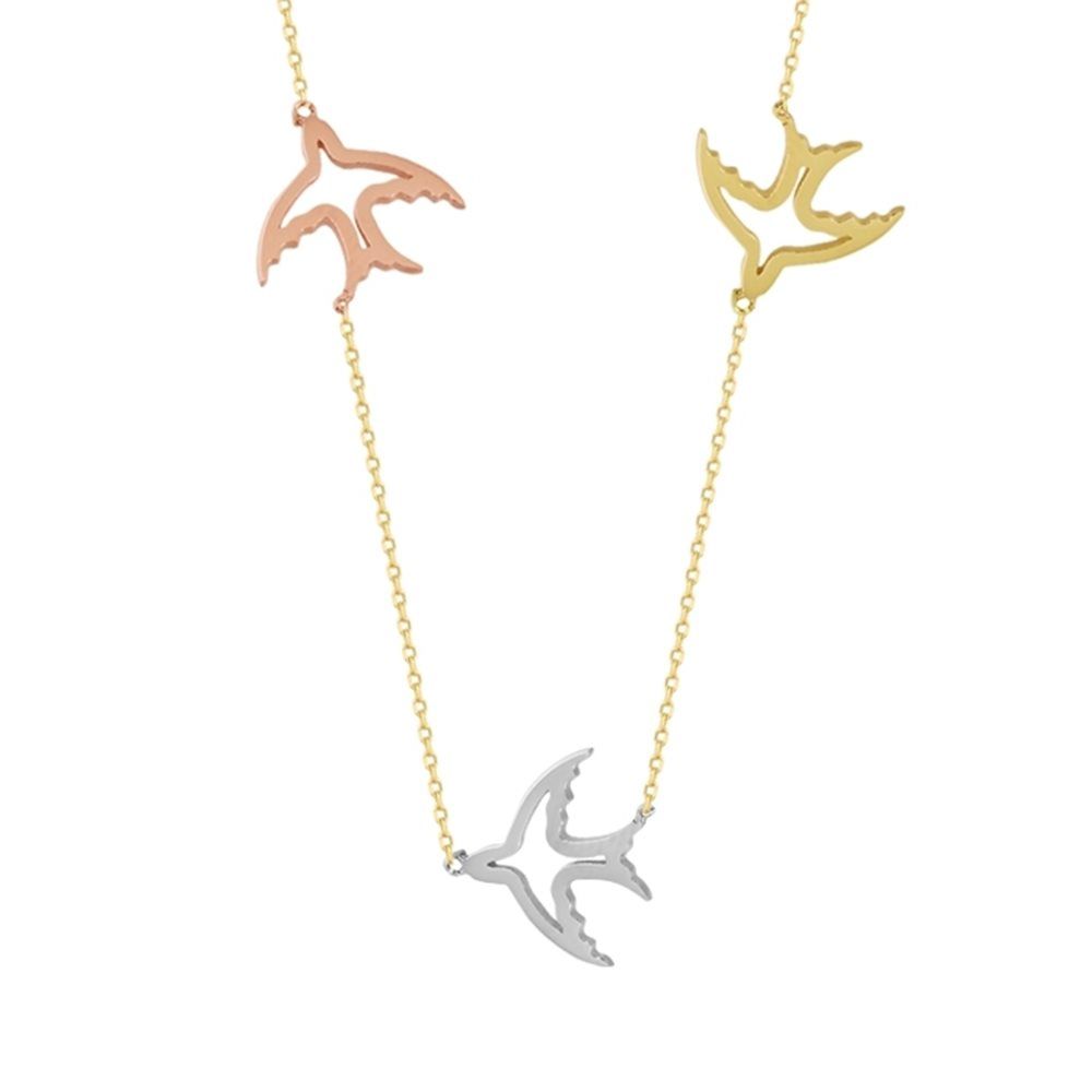 14K Solid Gold Swallow Triacolor Necklace