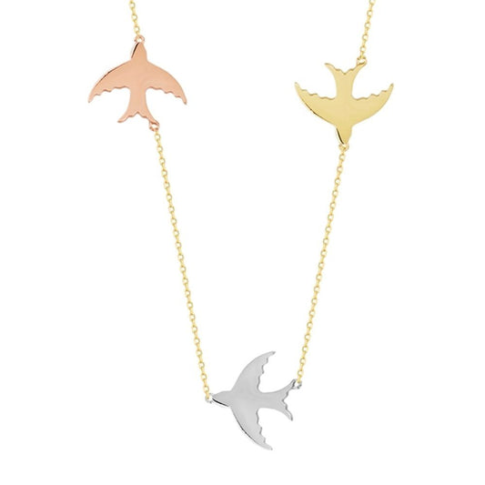14K Solid Gold Swallow Triacolor Necklace